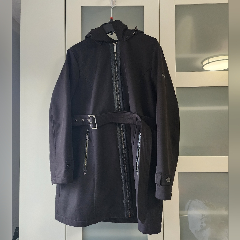 Michael Kors Womens Black Hooded Trench Coat with Belt